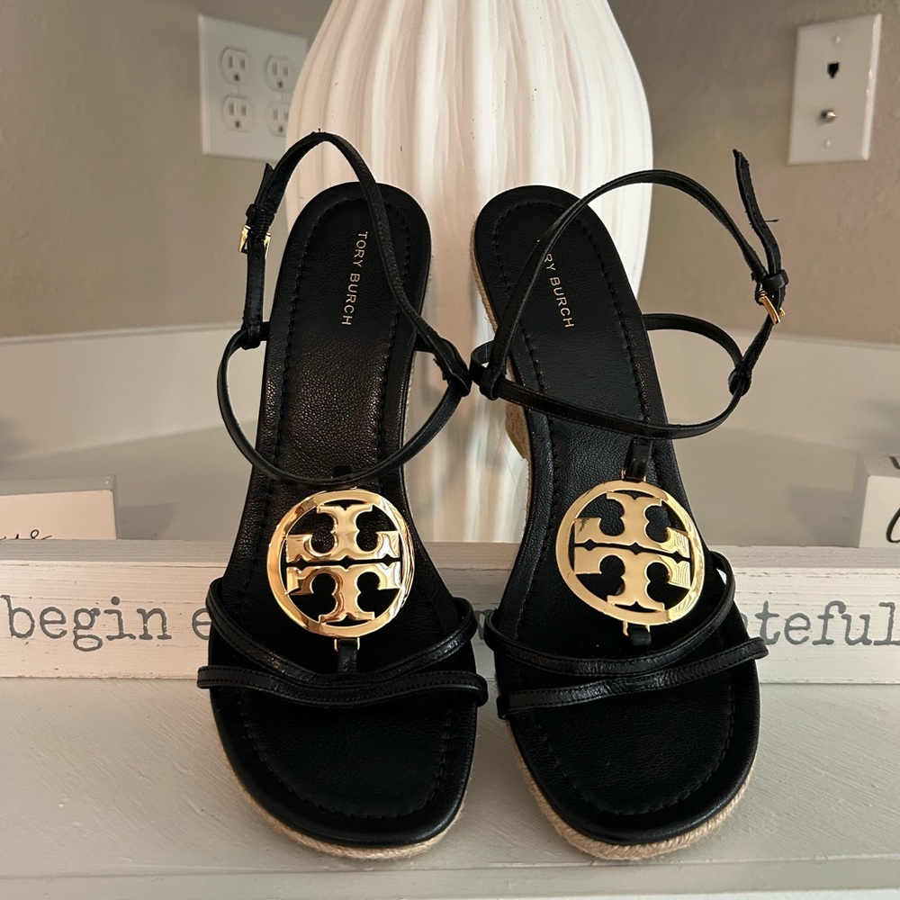 Tory Burch Black Sandals with Gold Logo - NWOT